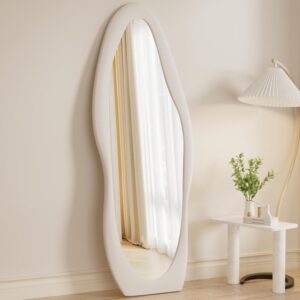 Full Length Mirorr, 63"x24" Mirror Full Length, Irregular Wall Mounted Mirror, Standing Floor Mirror with Flannel, Wavy Body Mirorr Hanging or Leaning Against Wall for Bedroom (White)
