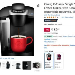 Keurig K-Classic Single Serve K-Cup Pod Coffee Maker, with 3 Brew Sizes, 48oz Removable Reservoir, Black