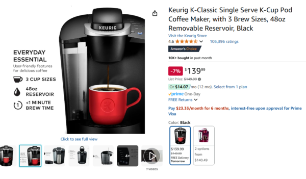 Keurig K-Classic Single Serve K-Cup Pod Coffee Maker, with 3 Brew Sizes, 48oz Removable Reservoir, Black