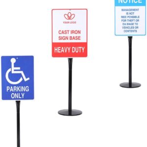 Heavy Duty Cast Iron Sign Post and Base Kit - 12" DIA Stand with 48" Post and Bolts & Nuts for Hanging Signs, Portable Sign Holder for Parking and Recreational Use