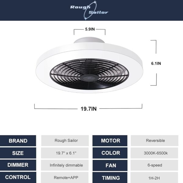 19.7" Modern Ceiling Fan, Dimmable Low Profile Ceiling Fan, Stepless Colour Temperature Change and 6-Speed Bladeless Ceiling Fan, Black LED Ceiling Fan Lights - Image 6