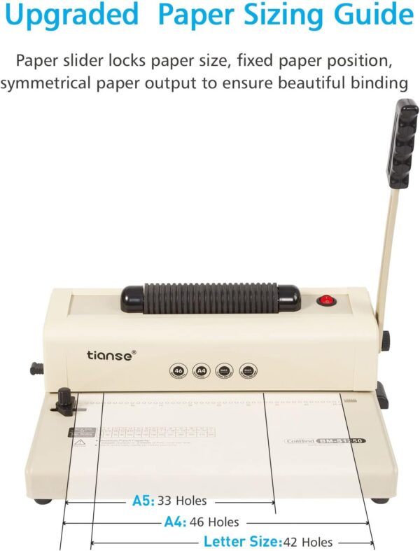 TIANSE Binding Machine, Spiral Coil Binder Machine, Electric Coil Inserter, 15 Sheets Punch Capacity, Suit for Letter Size / A4 / A5 Book Maker, with 100pcs 5/16'' Plastic Coil Binding Spines & Plier - Image 3