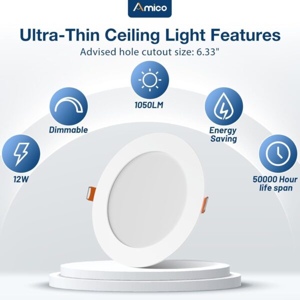 Amico 24 Pack 6 Inch 5CCT Ultra-Thin LED Recessed Ceiling Light with Junction Box - Image 3