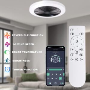 19.7" Modern Ceiling Fan, Dimmable Low Profile Ceiling Fan, Stepless Colour Temperature Change and 6-Speed Bladeless Ceiling Fan, Black LED Ceiling Fan Lights