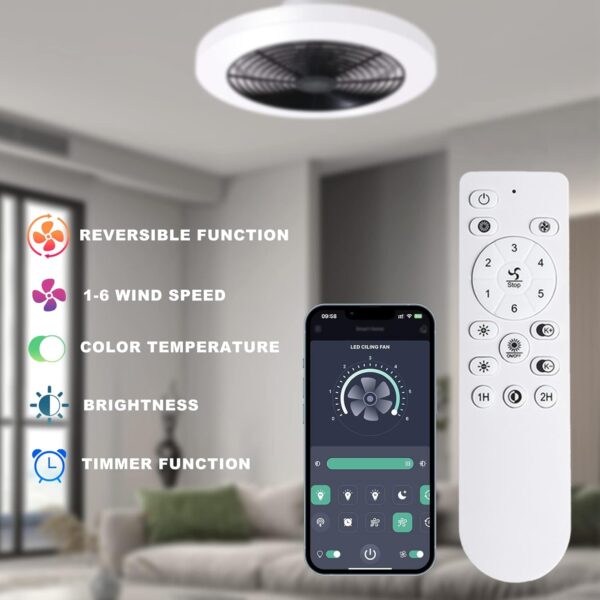 19.7" Modern Ceiling Fan, Dimmable Low Profile Ceiling Fan, Stepless Colour Temperature Change and 6-Speed Bladeless Ceiling Fan, Black LED Ceiling Fan Lights