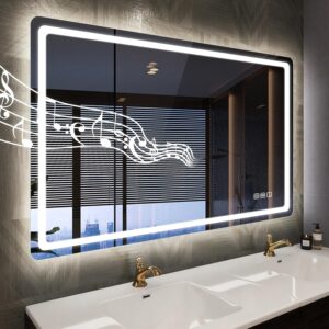 Led-Bathroom-Mirror-with-Lights, Wall-Mounted with 3 Colors Dimmable Light, Bluetooth Speaker, Anti-Fog, Memory, Tempered Glass, Front & Backlit