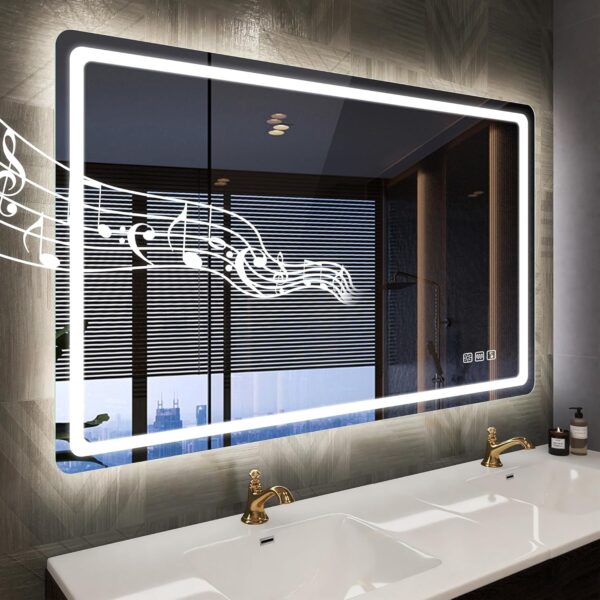 Led-Bathroom-Mirror-with-Lights, Wall-Mounted with 3 Colors Dimmable Light, Bluetooth Speaker, Anti-Fog, Memory, Tempered Glass, Front & Backlit