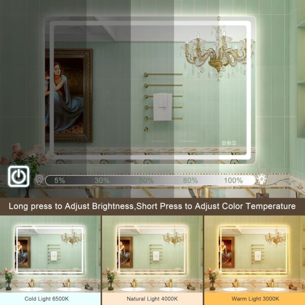 Led-Bathroom-Mirror-with-Lights, Wall-Mounted with 3 Colors Dimmable Light, Bluetooth Speaker, Anti-Fog, Memory, Tempered Glass, Front & Backlit - Image 4