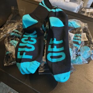 144 10-Pair Blue & Black “Fuck Off” Novelty Socks – Fun Adult Humor Gift, Unisex Crew Socks