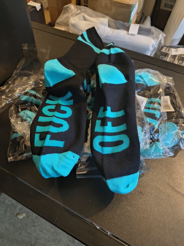 144 10-Pair Blue & Black “Fuck Off” Novelty Socks – Fun Adult Humor Gift, Unisex Crew Socks