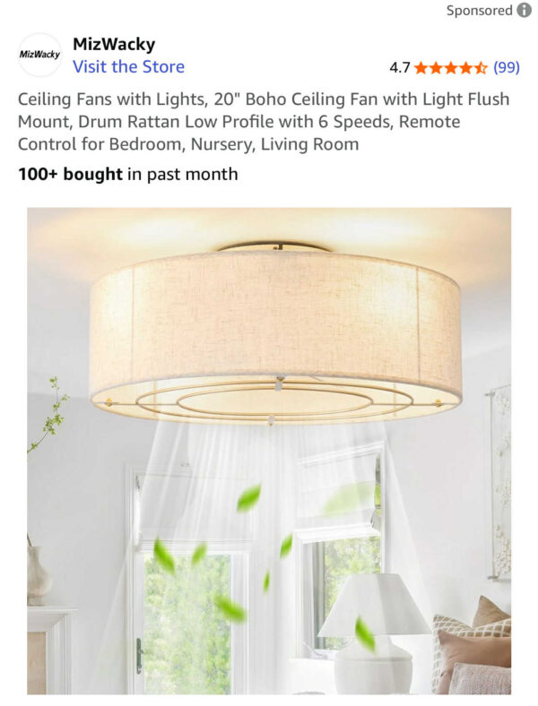 24 20" Boho Ceiling Fan with Light Flush Mount Drum Rattan
