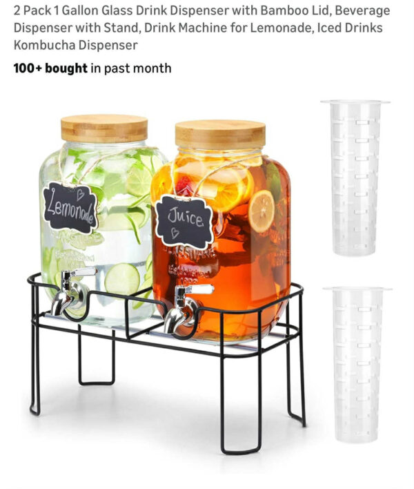 31 2 Pack 1 Gallon Glass Drink Dispensers with Bamboo Lids & Stands – Beverage Jars for Parties & Events