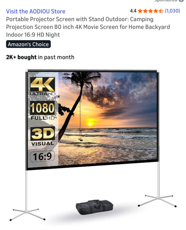 41 Outdoor 80″ Projector Screen with Stand – Portable 16:9 Tripod / Frame Screen for Movie Nights & Backyard Use